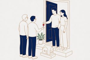 איור קו: מפתח עובר בין זוג מבוגר לזוג צעיר בפתח בית (בעזרת AI)