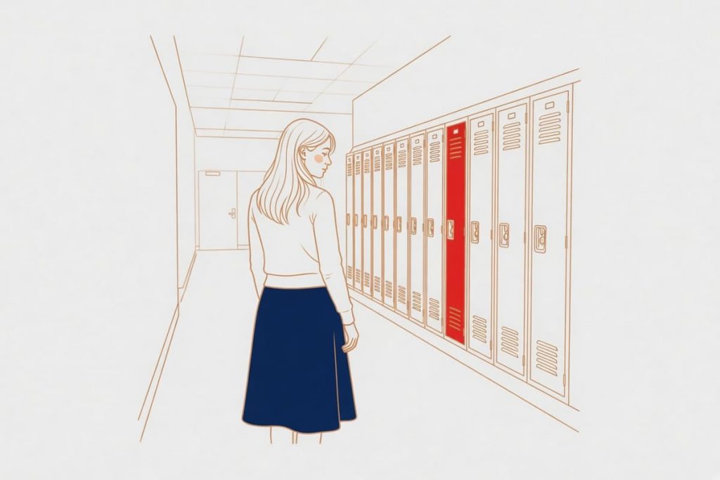 איור קו מכתף מאחור בזווית שלושת־רבעי: נערה במסדרון תיכון, מביטה הצידה לארונות, קו כתום בהיר ודלת אדומה (בעזרת AI)