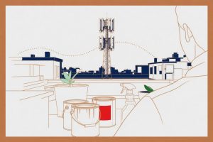 איור קו מכתף גג: פחי צבע נחושת, ספריי אדום ומגדל סלולר באופק, עלה ירוק (בעזרת AI)